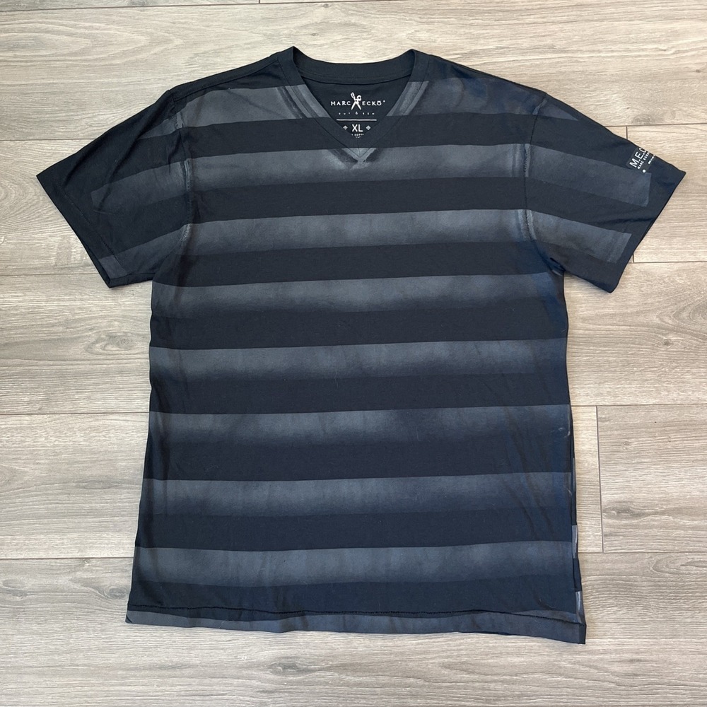 Marc Ecko Cut & Sew Mens XL Black Gray Stripes Short Sleeve